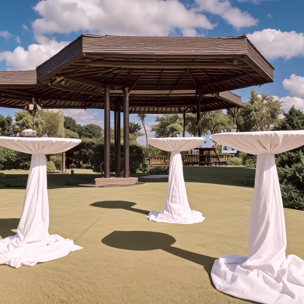 Three cocktail tables with white cloths are set up by a wooden gazebo for a destination wedding outdoors.