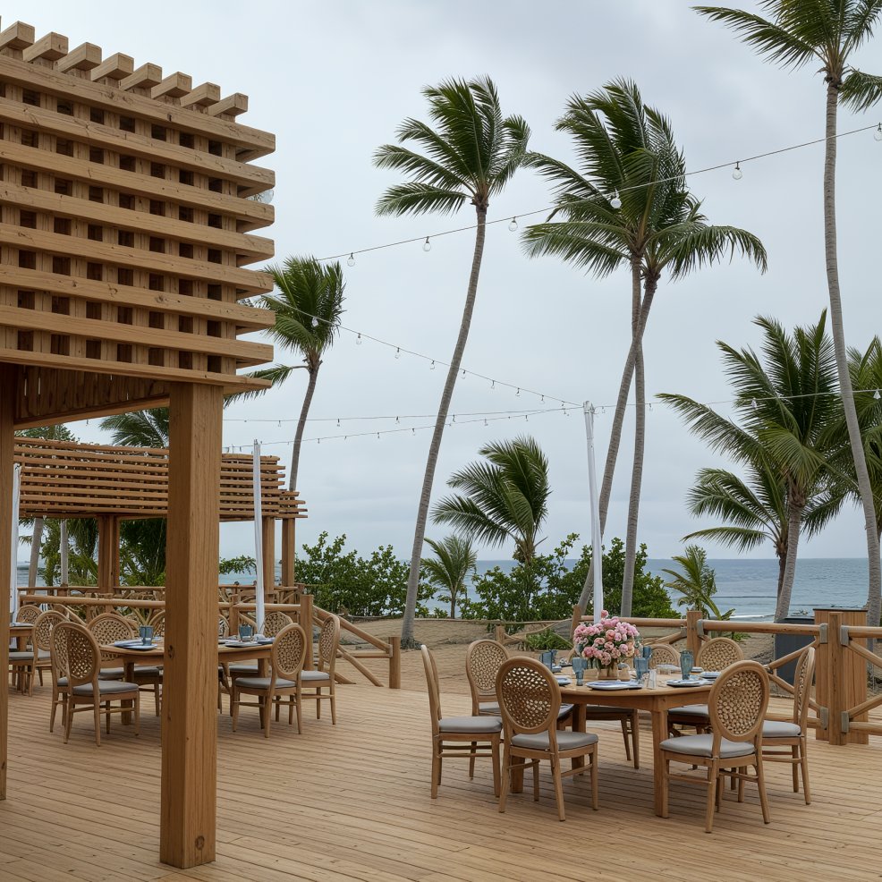 Outdoor wooden dining space with round tables and chairs, perfect for a destination wedding by the ocean.