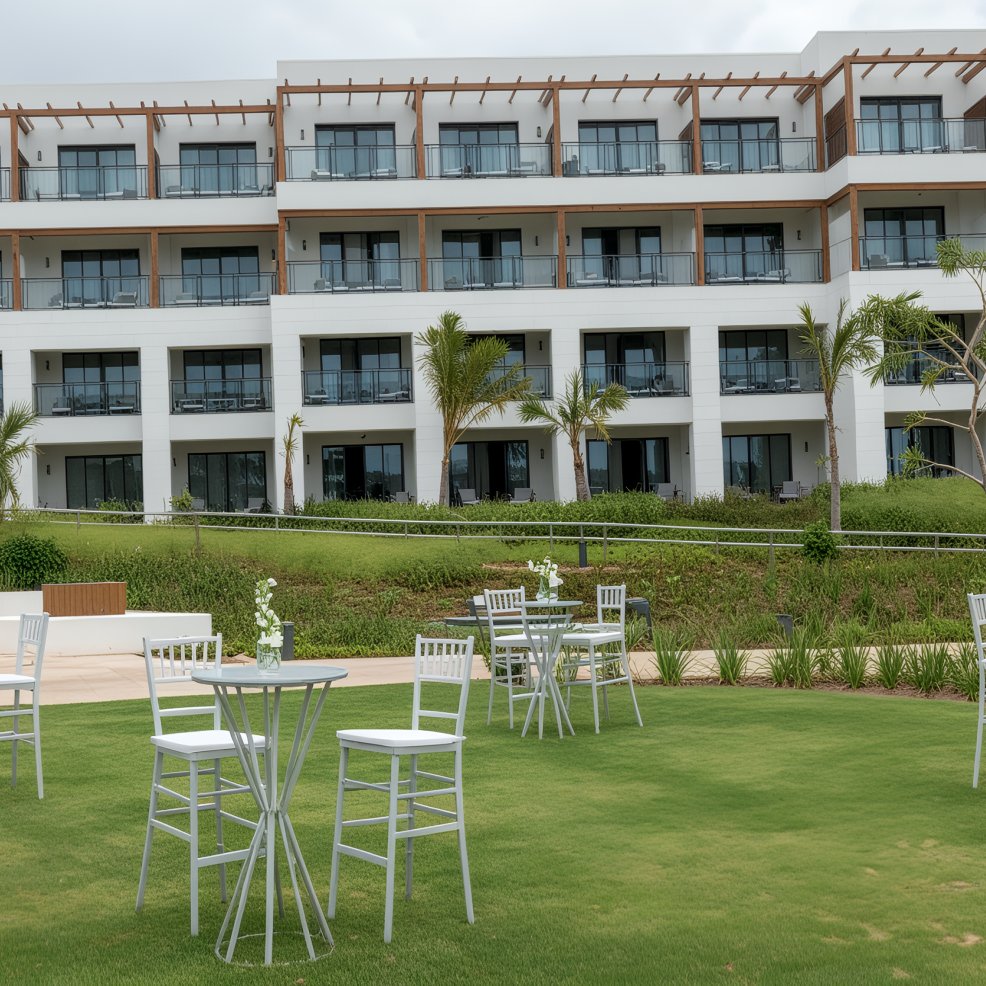 Outdoor tables and chairs set up for a destination wedding on a lawn before a modern multi-story building.