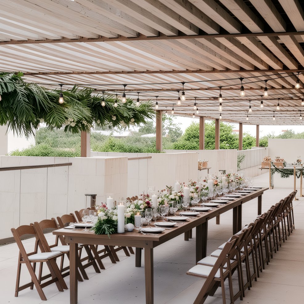 A long table elegantly set for a destination wedding celebration.