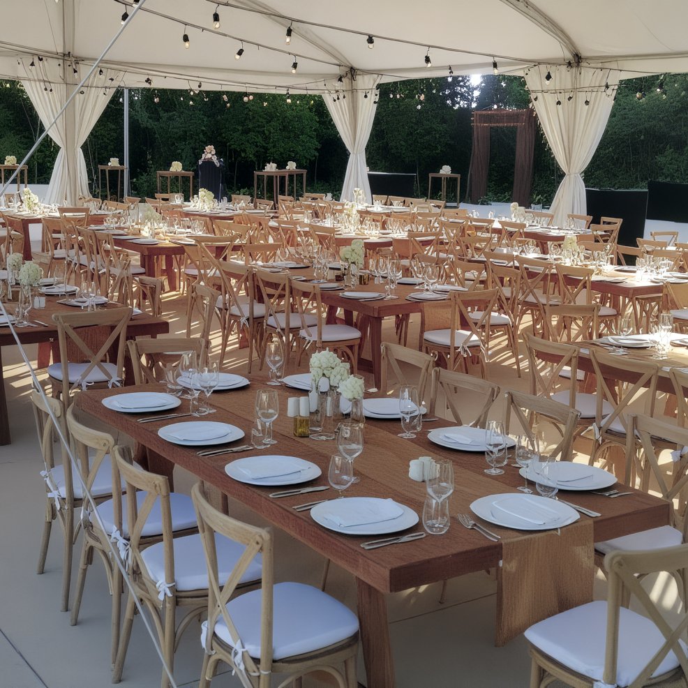 Wooden tables arranged for a wedding under a white tent, illuminated by string lights.