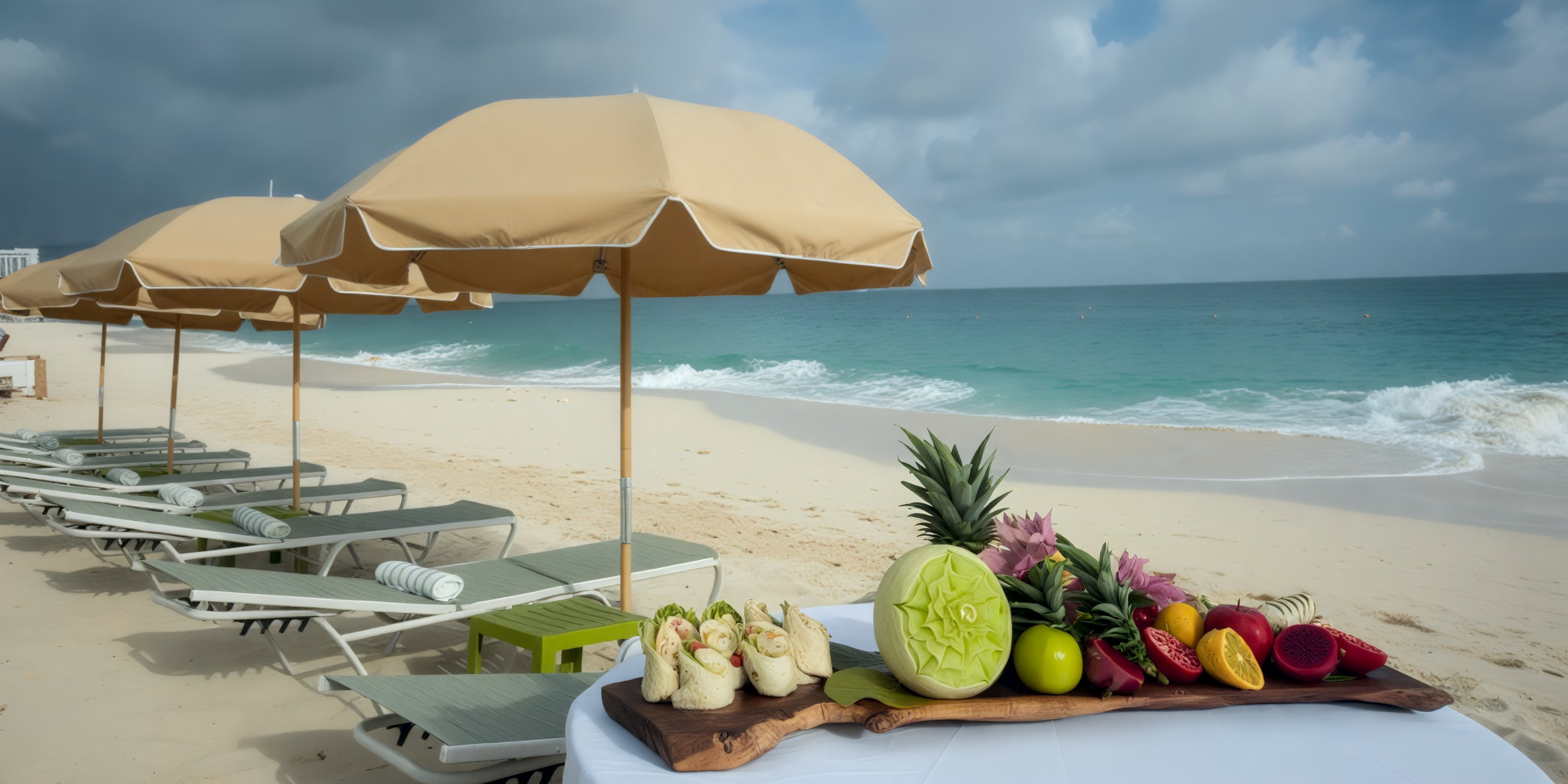 Warwick Paradise Island Bahamas: fruit and wraps on a beach, ideal for a destination wedding setup.