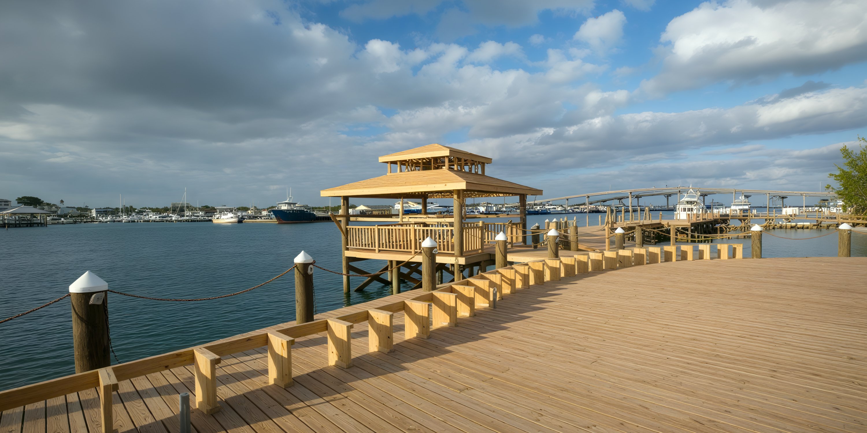 Warwick Paradise Island Bahamas pier with gazebo, perfect for a destination wedding, overlooks marina boats.