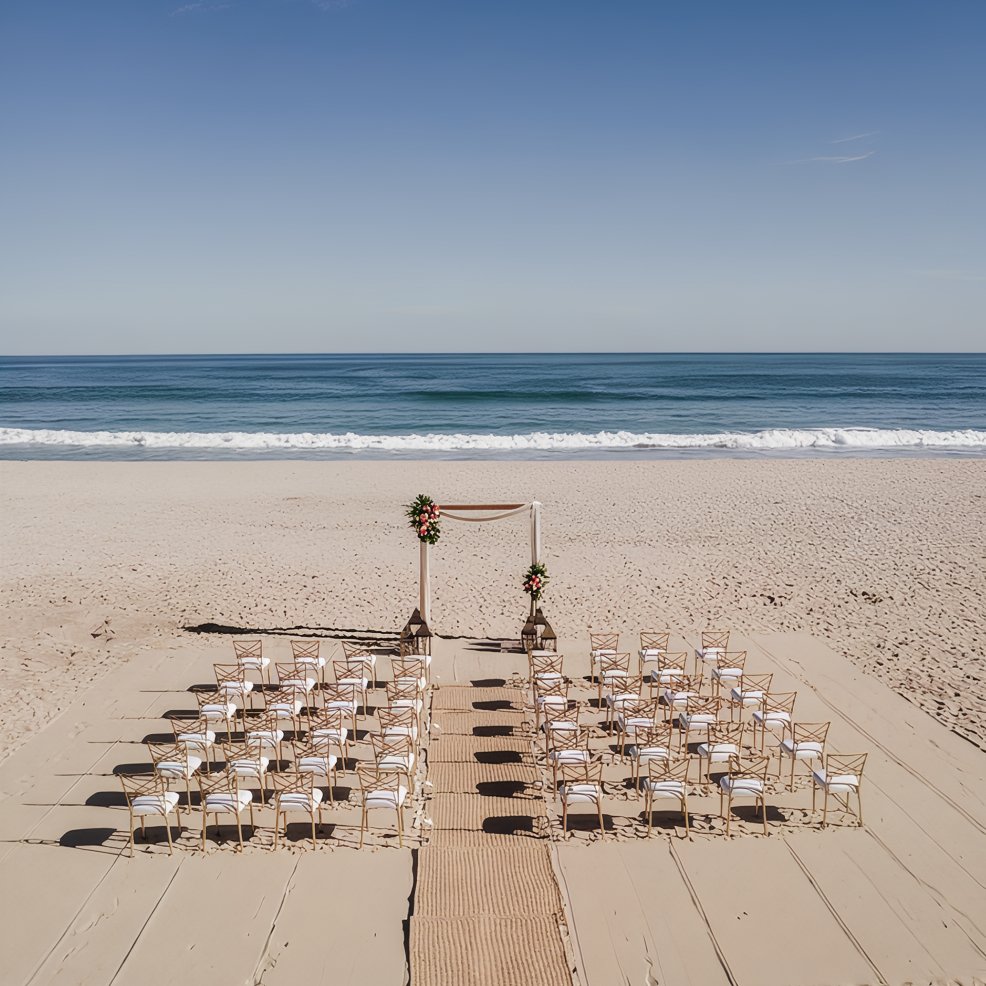 White chairs line up before a wedding arch on a sandy beach, ocean waves behind this destination wedding.