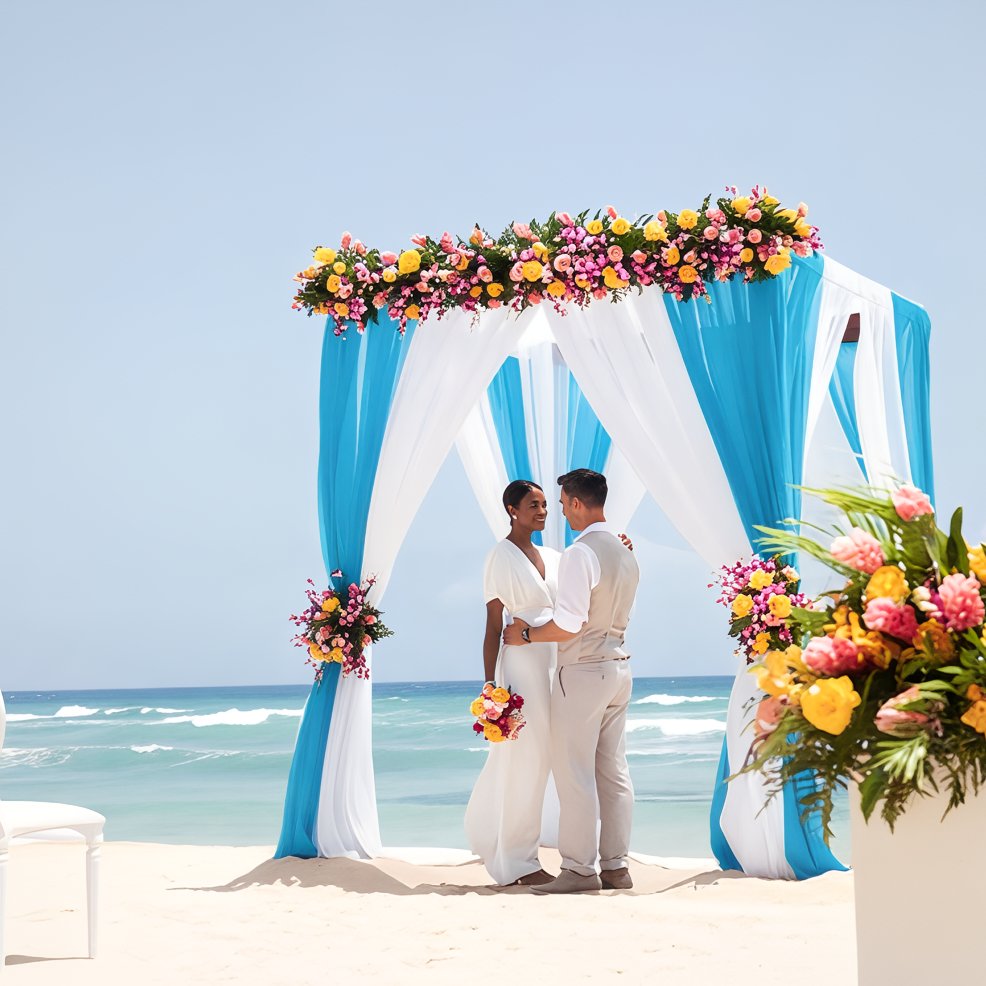 A couple stands beneath a blue and white floral arch on the sand at their destination wedding beach.