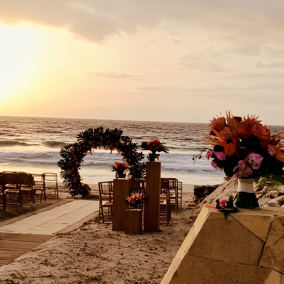 Destination wedding scene on the beach at sunset, floral arch, decorated chairs, and elegant bouquets.