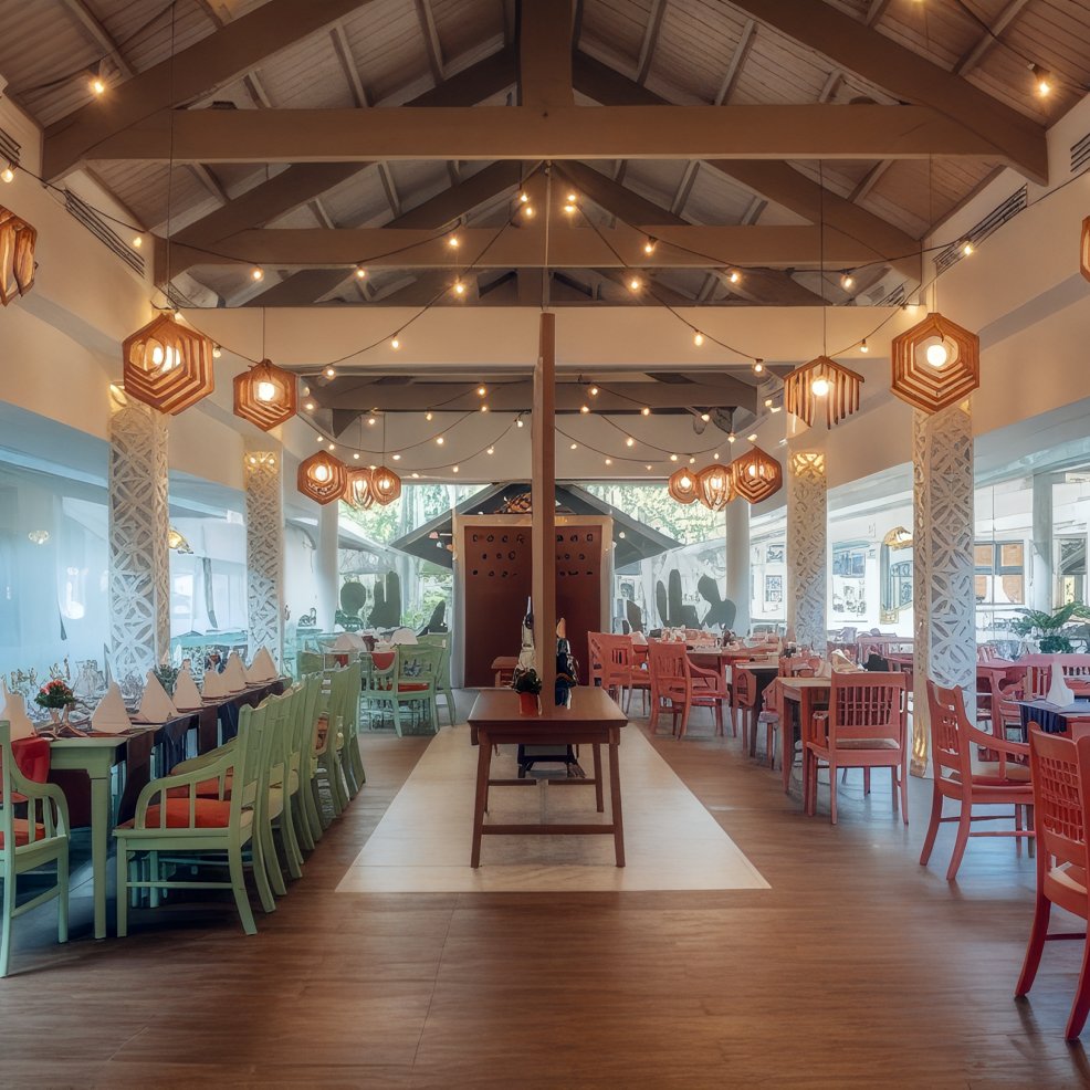 Spacious restaurant set for a destination wedding, with colorful chairs, arranged tables, and warm lights.