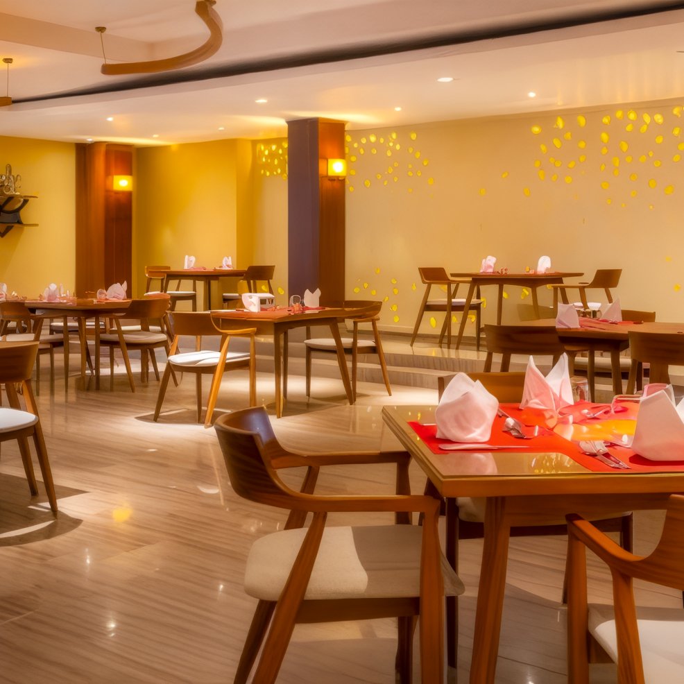 Chic restaurant dining area with wooden tables, orange placemats, and folded napkins for a wedding.