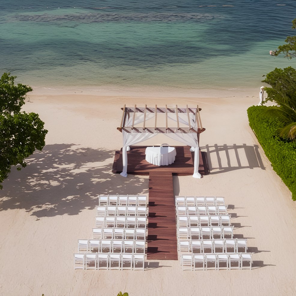 A destination wedding setup with white chairs lined up toward a wooden pergola by the ocean’s edge.