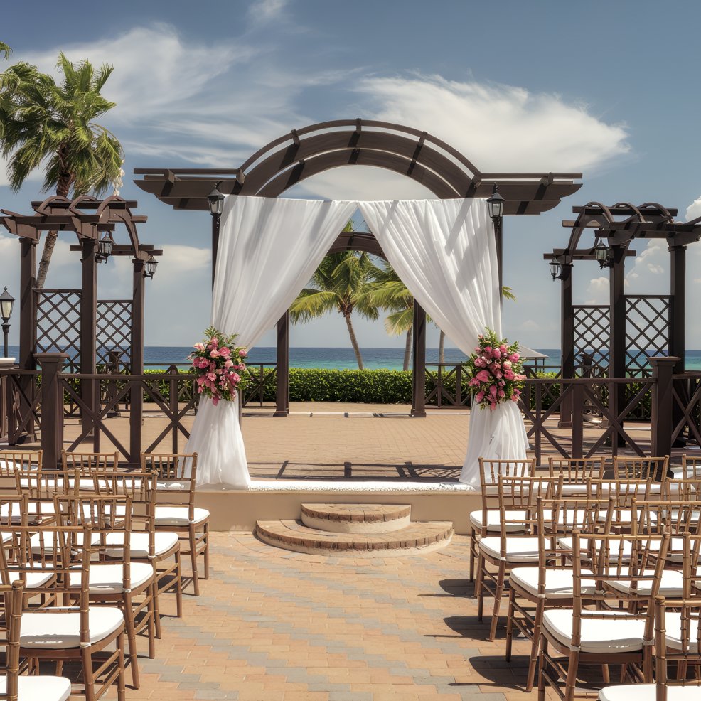 Destination wedding by the sea featuring a white draped arch, floral decor, and rows of chairs arranged outdoors.