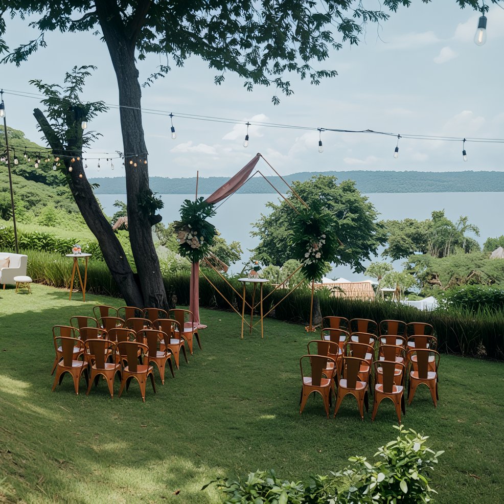 Destination wedding setup with arranged chairs and a floral arch overlooking a tranquil lakeside view.