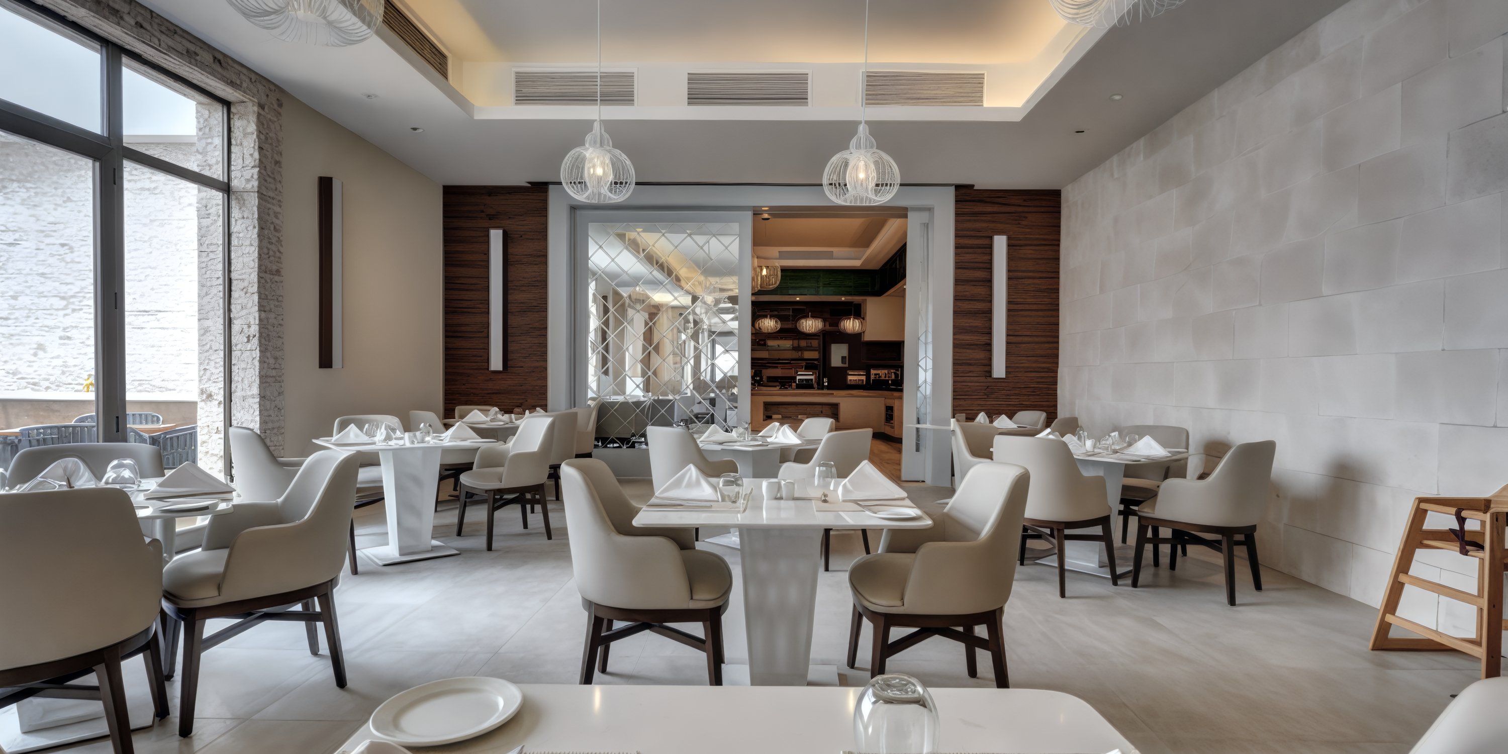 Wedding-ready restaurant dining area with neatly set tables, white chairs, and elegant minimalist decor.