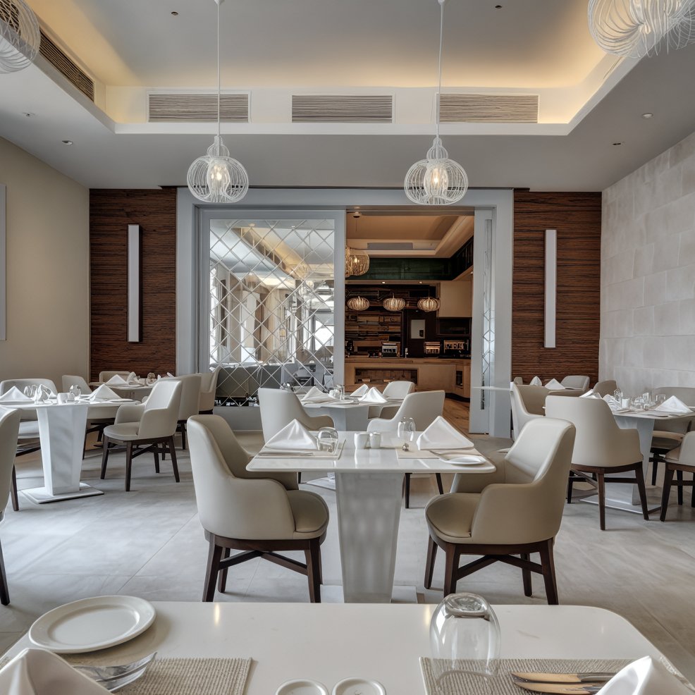 Elegant, empty dining area with white tables and beige chairs, ideal for a destination wedding venue.