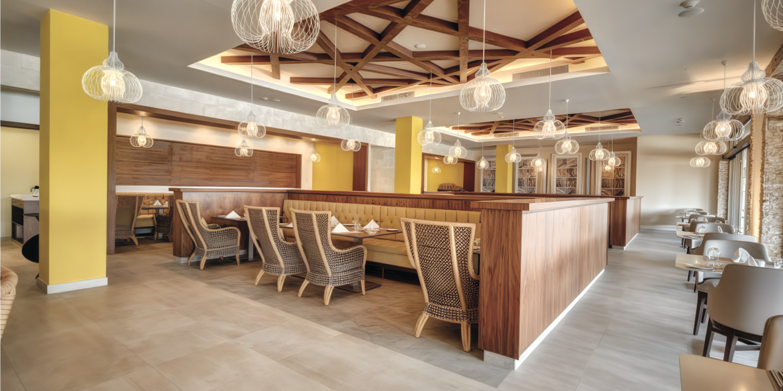 Chic restaurant ideal for destination weddings, featuring wooden accents, pendant lights, and booths.