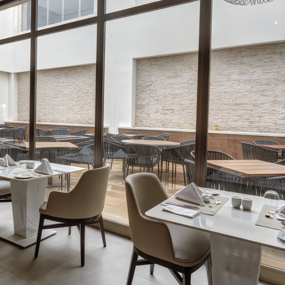 Chic indoor dining area set for a wedding, with elegant tables, large windows, and patio seating outside.