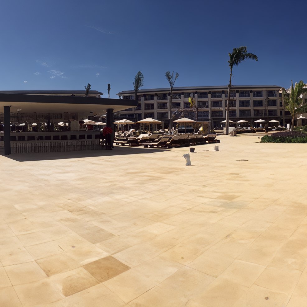 Resort pool area set for a destination wedding, with lounge chairs, umbrellas, bar, and tall building.