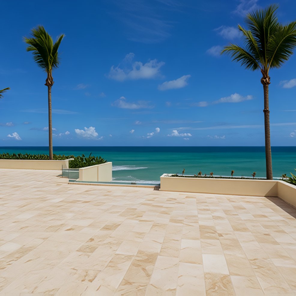 A tiled terrace perfect for a destination wedding, overlooking the ocean with palm trees and blue sky.