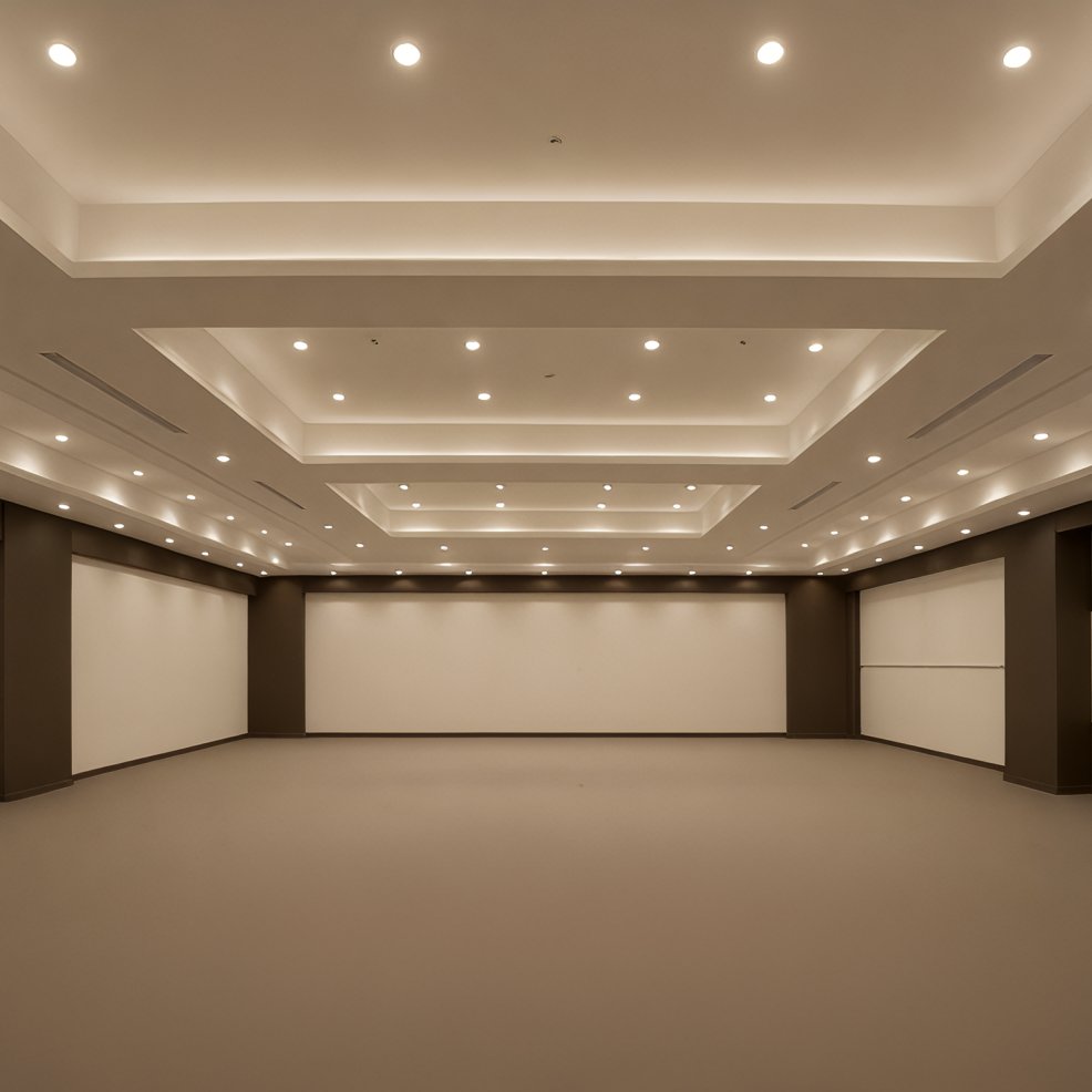 Spacious, modern room with recessed lighting and neutral tones, ideal for a stylish destination wedding.