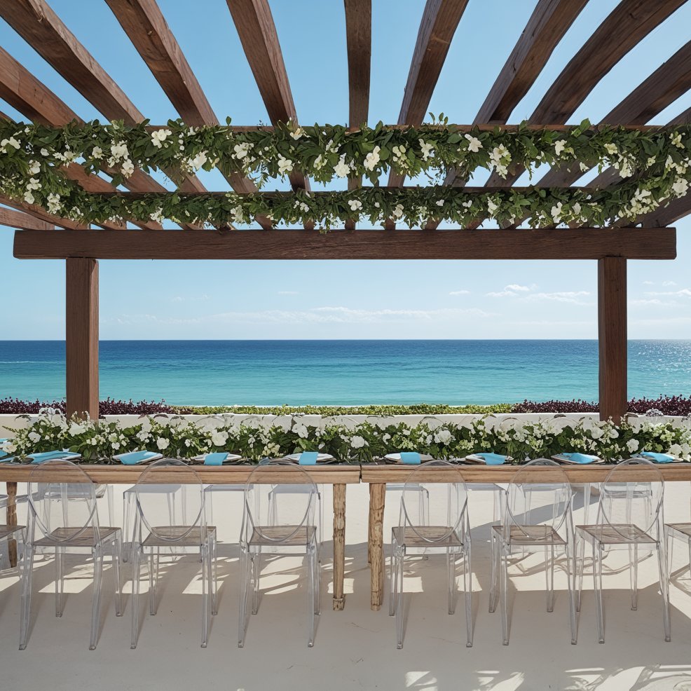 A destination wedding table set by the beach under a wooden pergola with green and white flower decor.