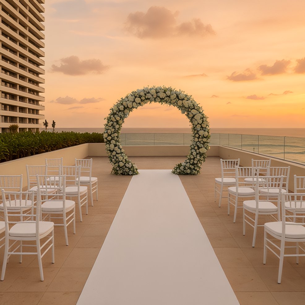 White chairs and a floral arch await a destination wedding ceremony on a terrace at sunset.