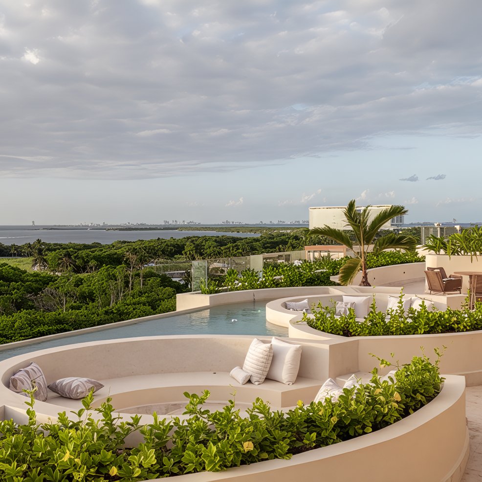 Curved outdoor lounge with pool and greenery, perfect for a destination wedding with ocean views.