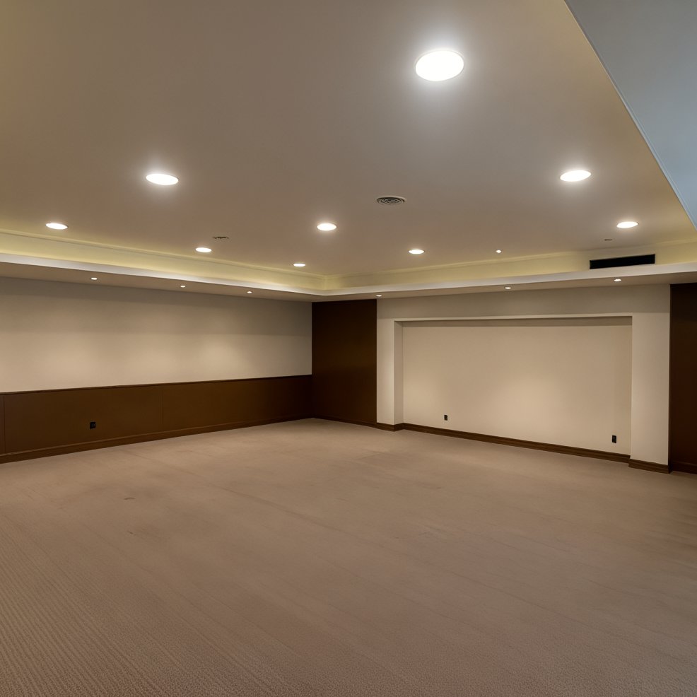 Carpeted room with recessed lighting and brown and white walls, perfect for a small destination wedding.