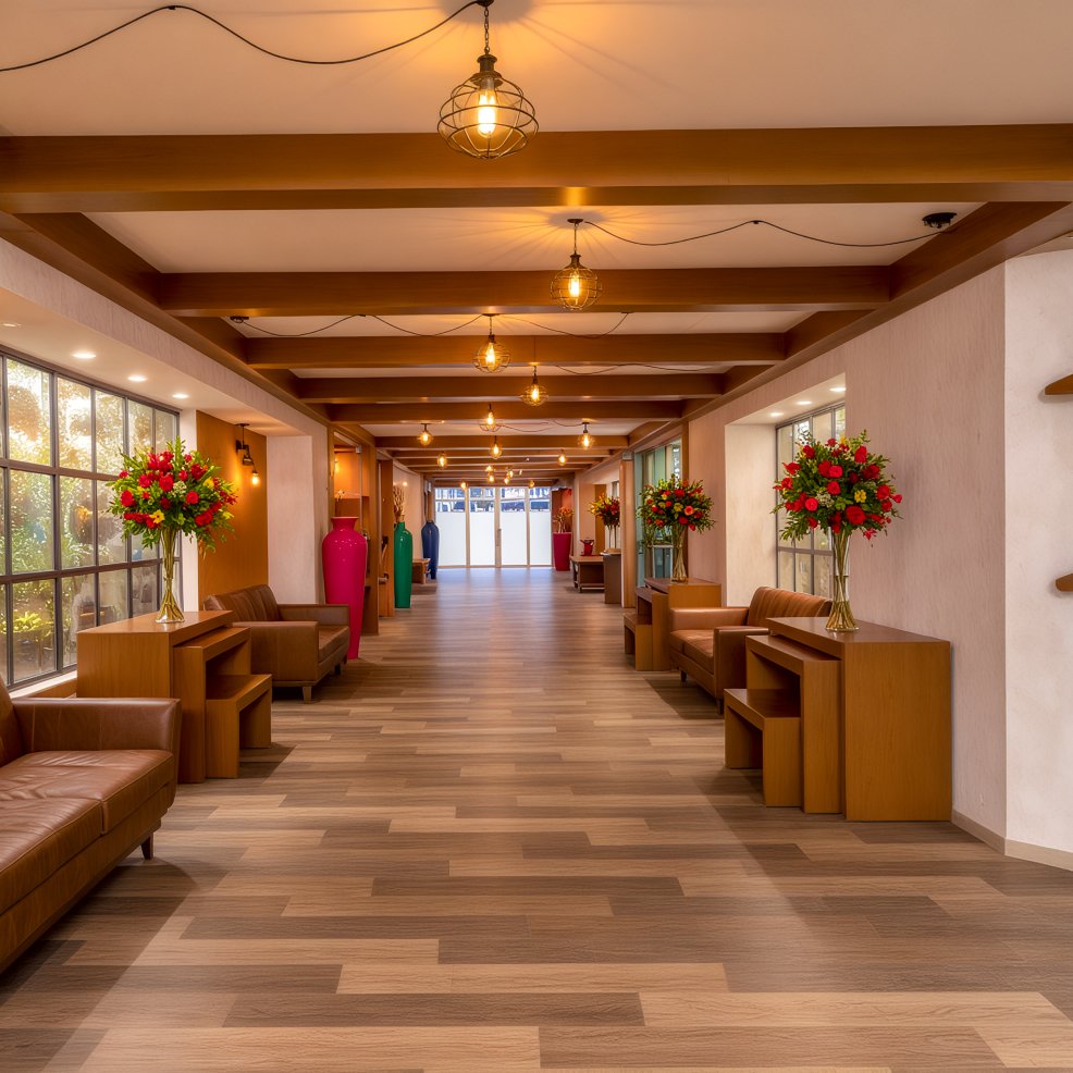 Wide hallway with wood floors, brown couches, vases of flowers, and ceiling lights for a wedding venue.