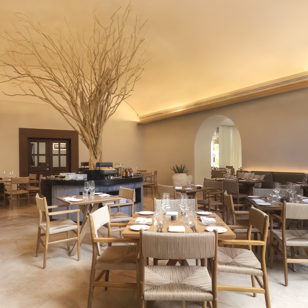 Modern restaurant set up for a destination wedding, featuring wooden tables, chairs, and a tree centerpiece.