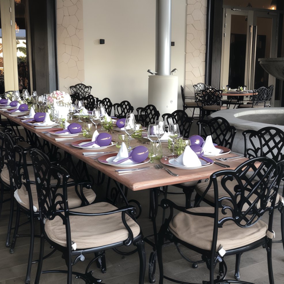 A dining table set for a destination wedding, with purple napkins and black chairs in the restaurant.