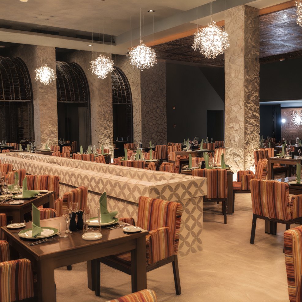 Chic restaurant interior with striped chairs, tables set for a destination wedding, and elegant lights.