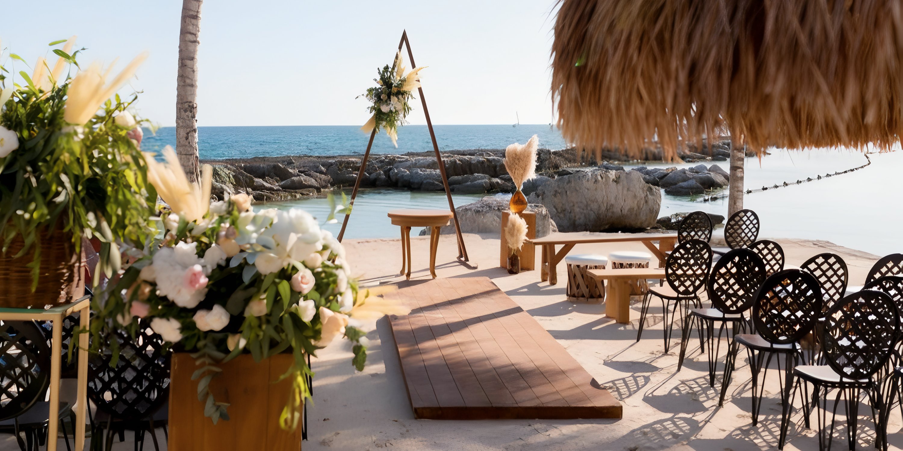 Destination wedding altar made of wood on the beach, surrounded by chairs, flowers, and the ocean.