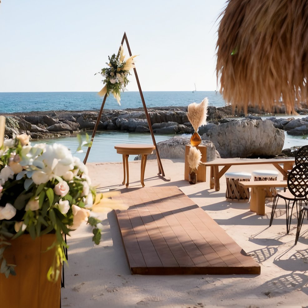 A wooden wedding altar with floral decor and seating on a beach, perfect for a destination wedding.