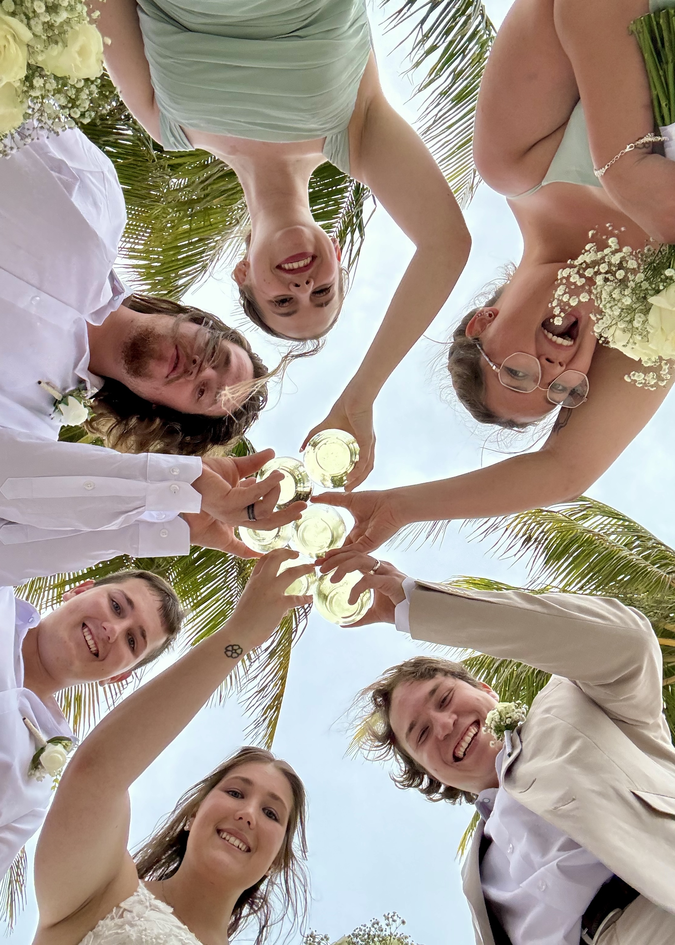 Six people in wedding attire toast drinks above, viewed from below at Stephanie and Connor&rsquo;s destination wedding.