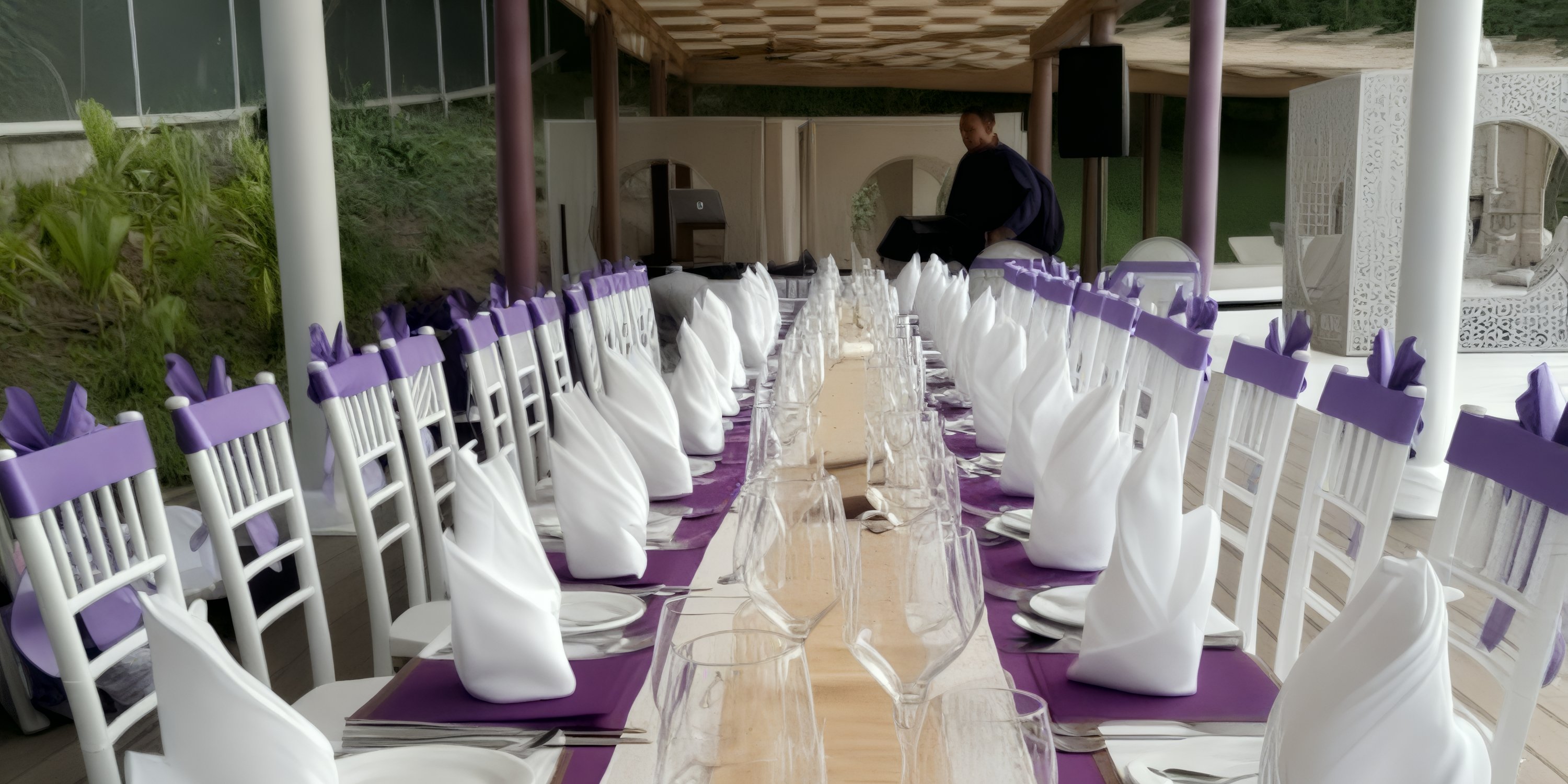 Elegant long table set for a destination wedding, featuring white napkins and purple accents outdoors.