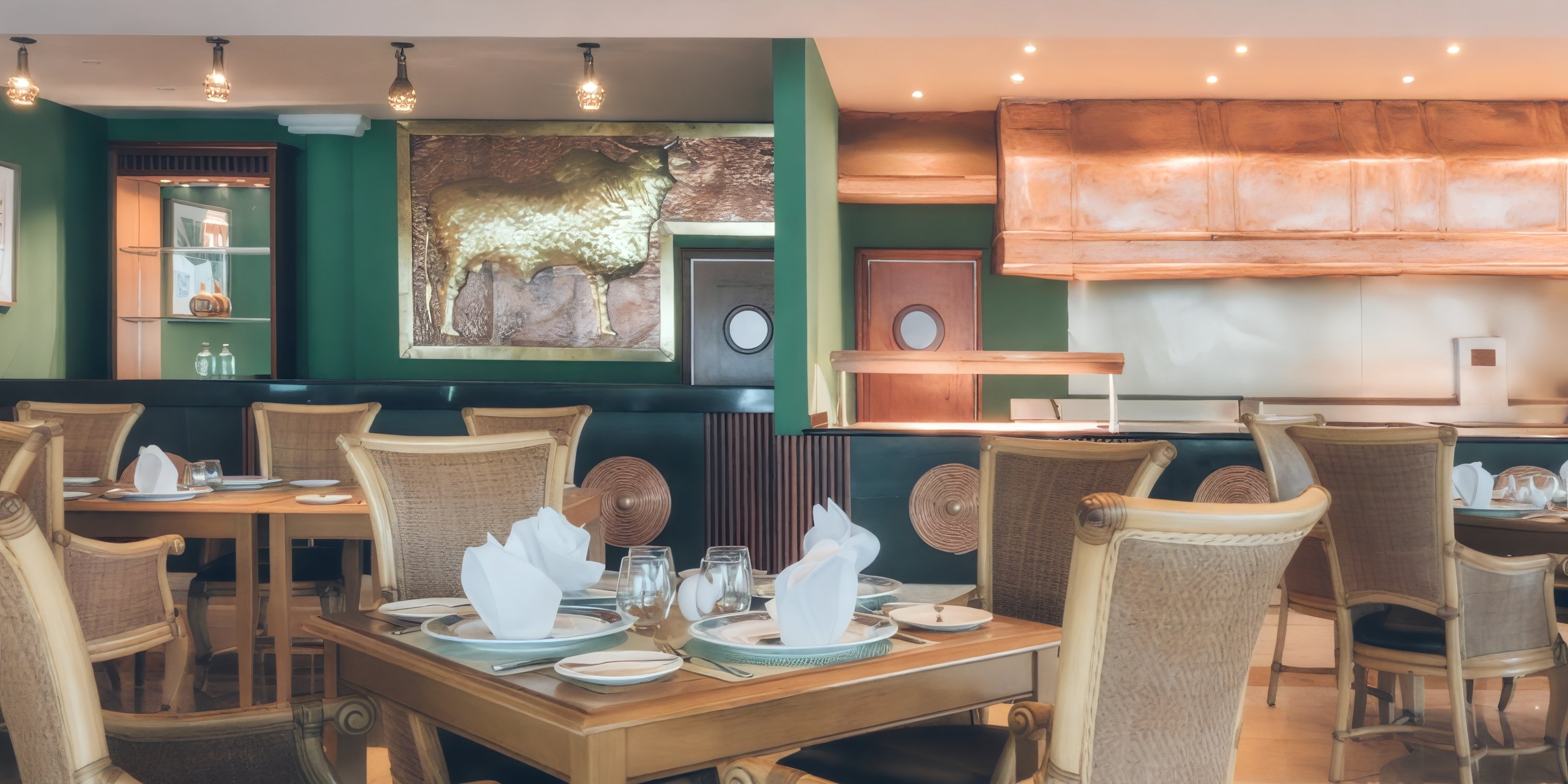 A restaurant dining area set for a destination wedding, with wicker chairs and gold animal wall art.