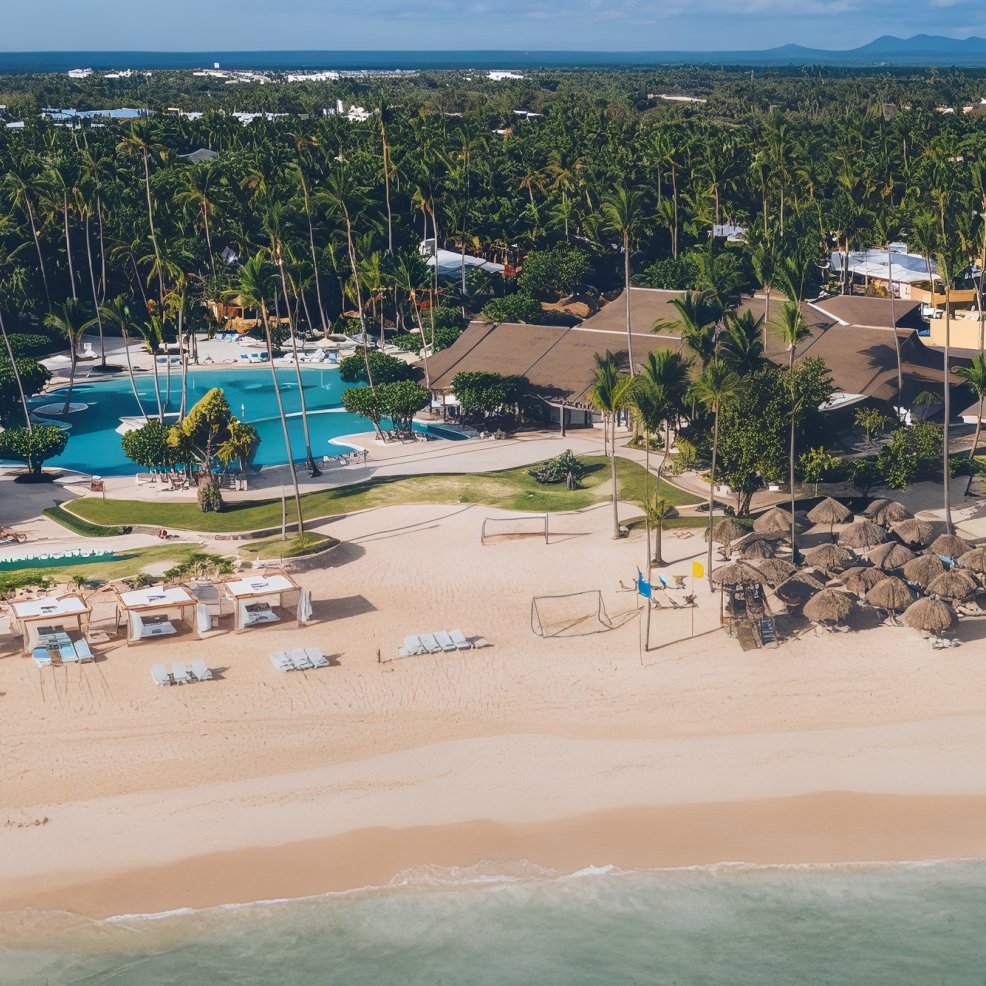 Aerial view of a beachfront resort, perfect for a destination wedding, with pools, palms, and cabanas.