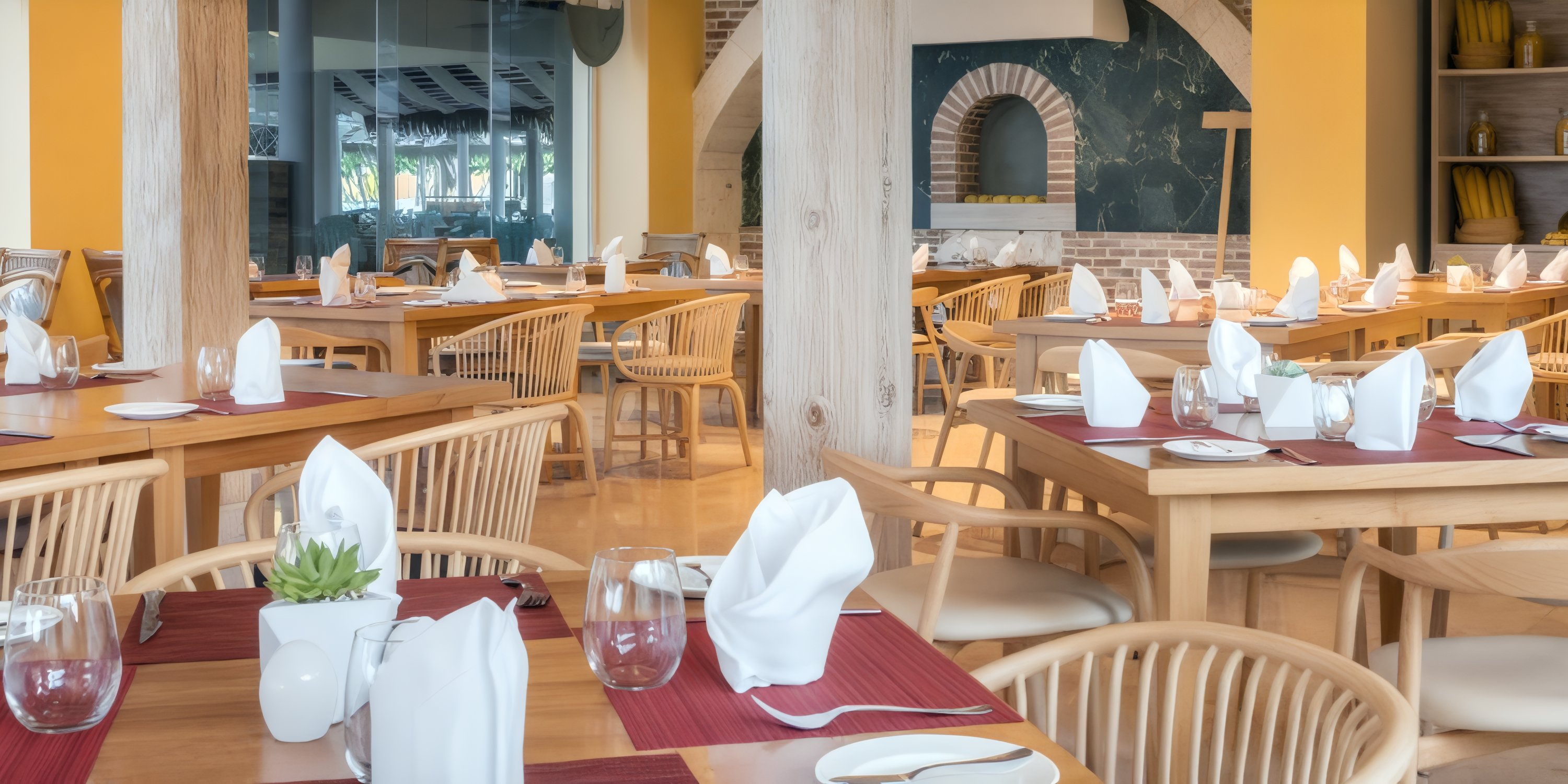 Wooden tables set for dining in a bright, modern restaurant—ideal for a destination wedding reception.
