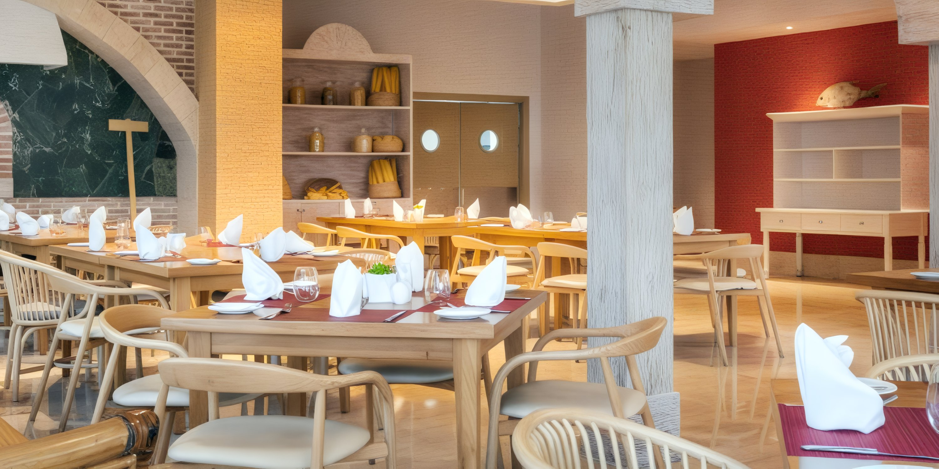 Contemporary restaurant with wooden tables, chairs, and wedding-ready neatly folded napkins on each table.
