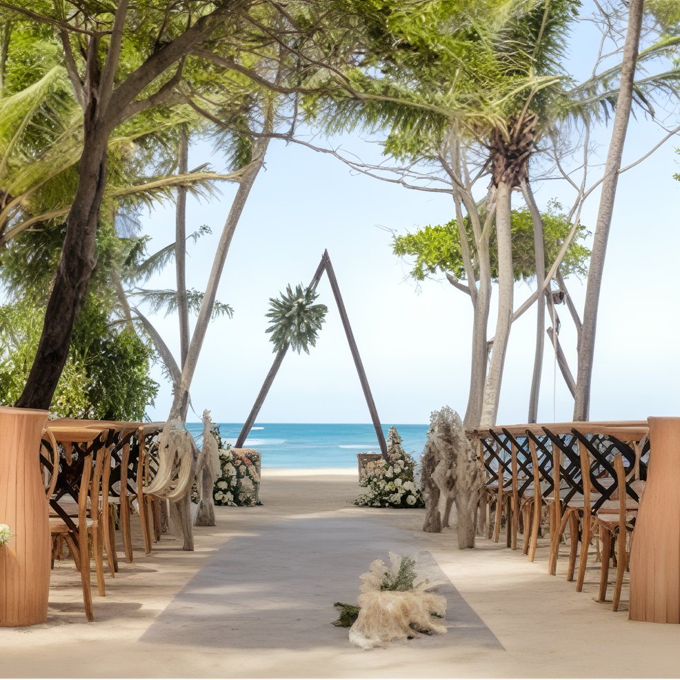 Destination wedding setup on the beach featuring wooden chairs, floral arrangements, and an ocean backdrop.