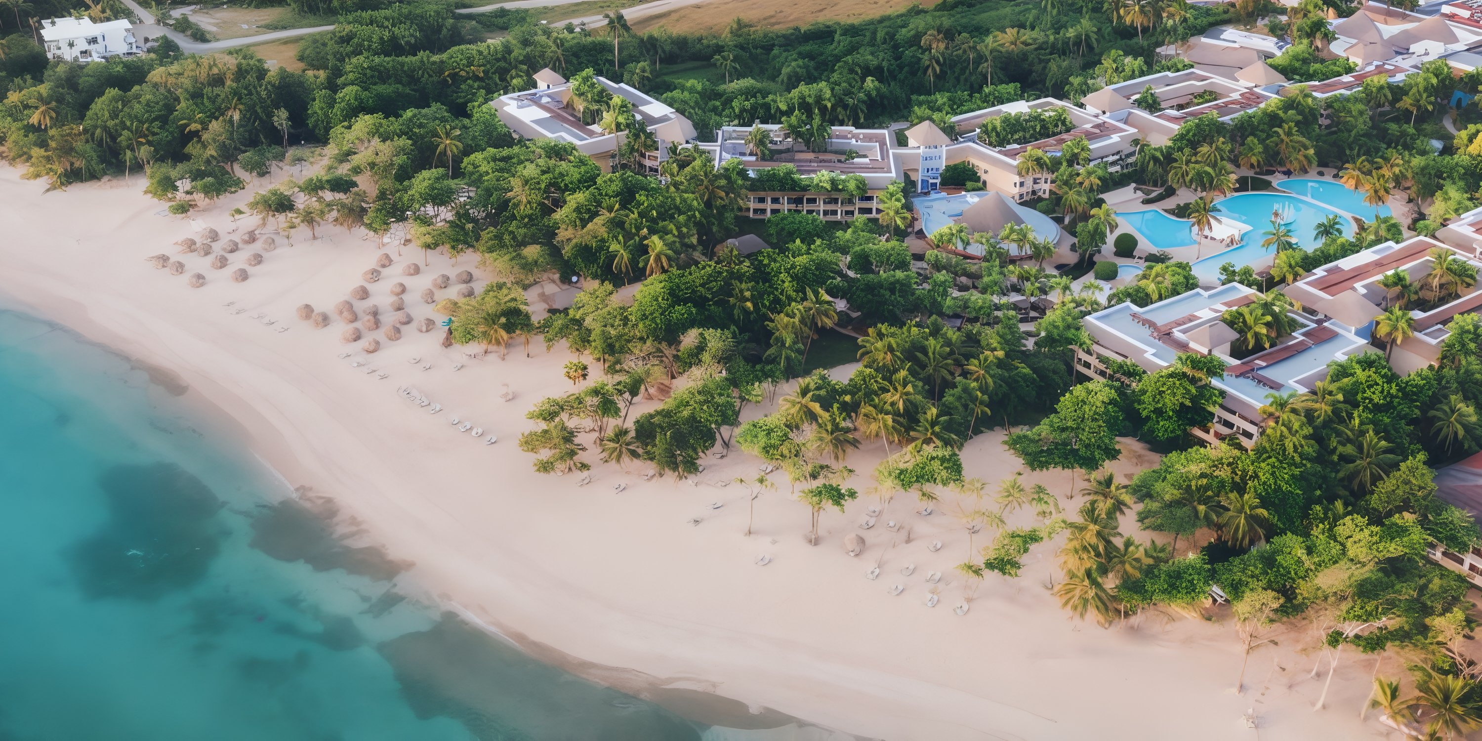 Aerial view of a beachfront resort, ideal for a destination wedding, with sandy beach and clear water.