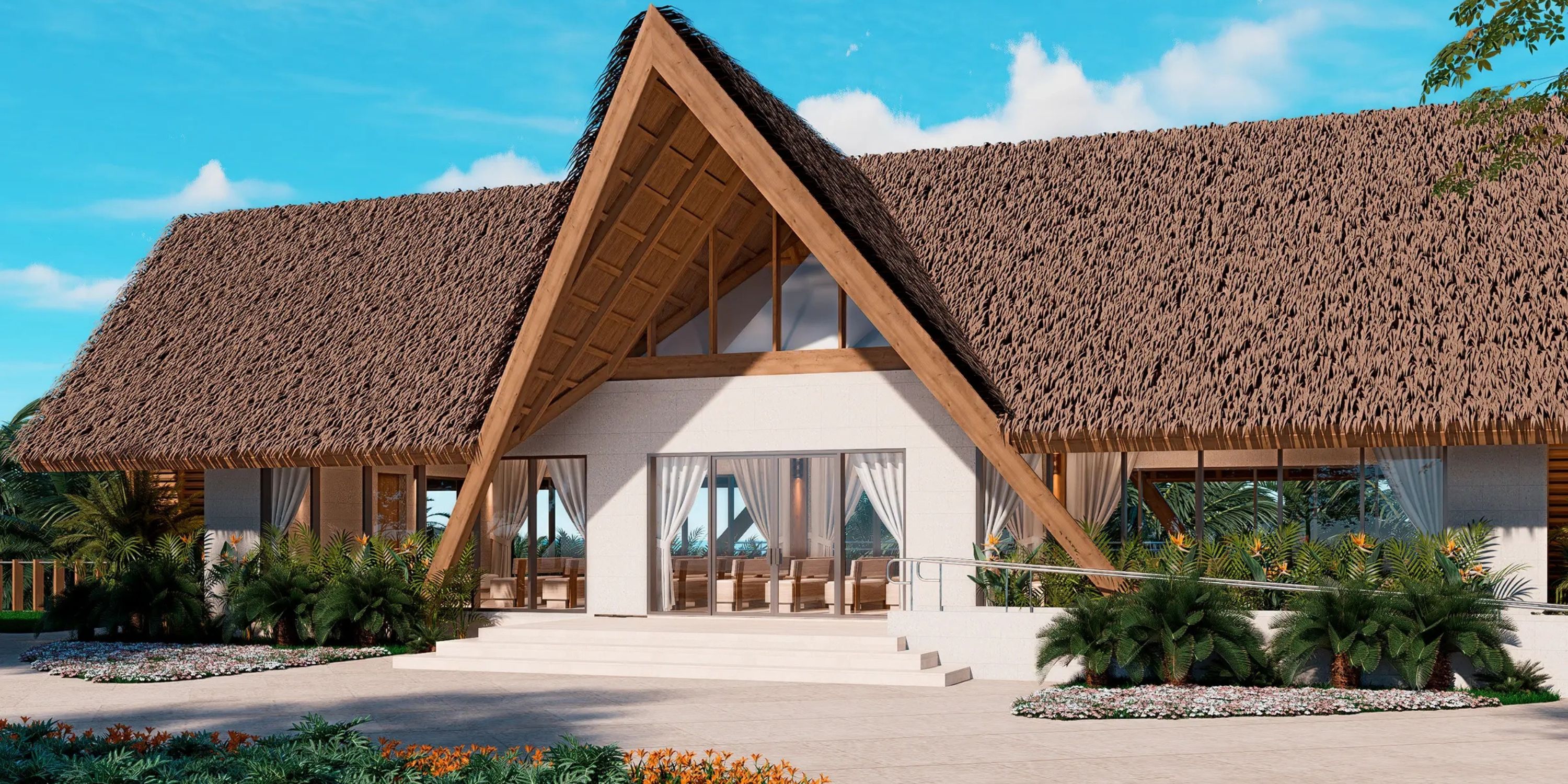 Moon Palace The Grand Punta Cana, ideal for a destination wedding, features a steep thatched roof and lush tropical landscaping.