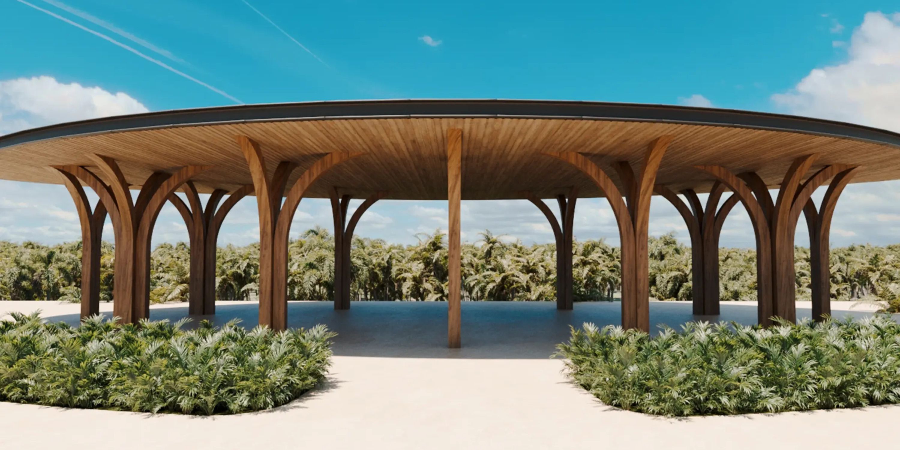 Open wooden pavilion ideal for a wedding at Moon Palace The Grand Punta Cana, amidst greenery and blue sky.