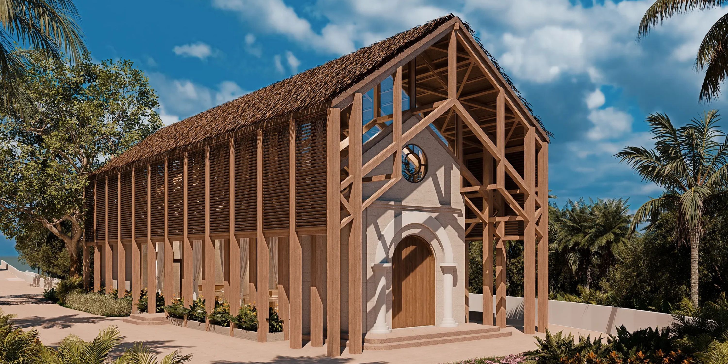 A tropical Moon Palace The Grand Punta Cana, ideal for a destination wedding, with lush plants and thatched roof.