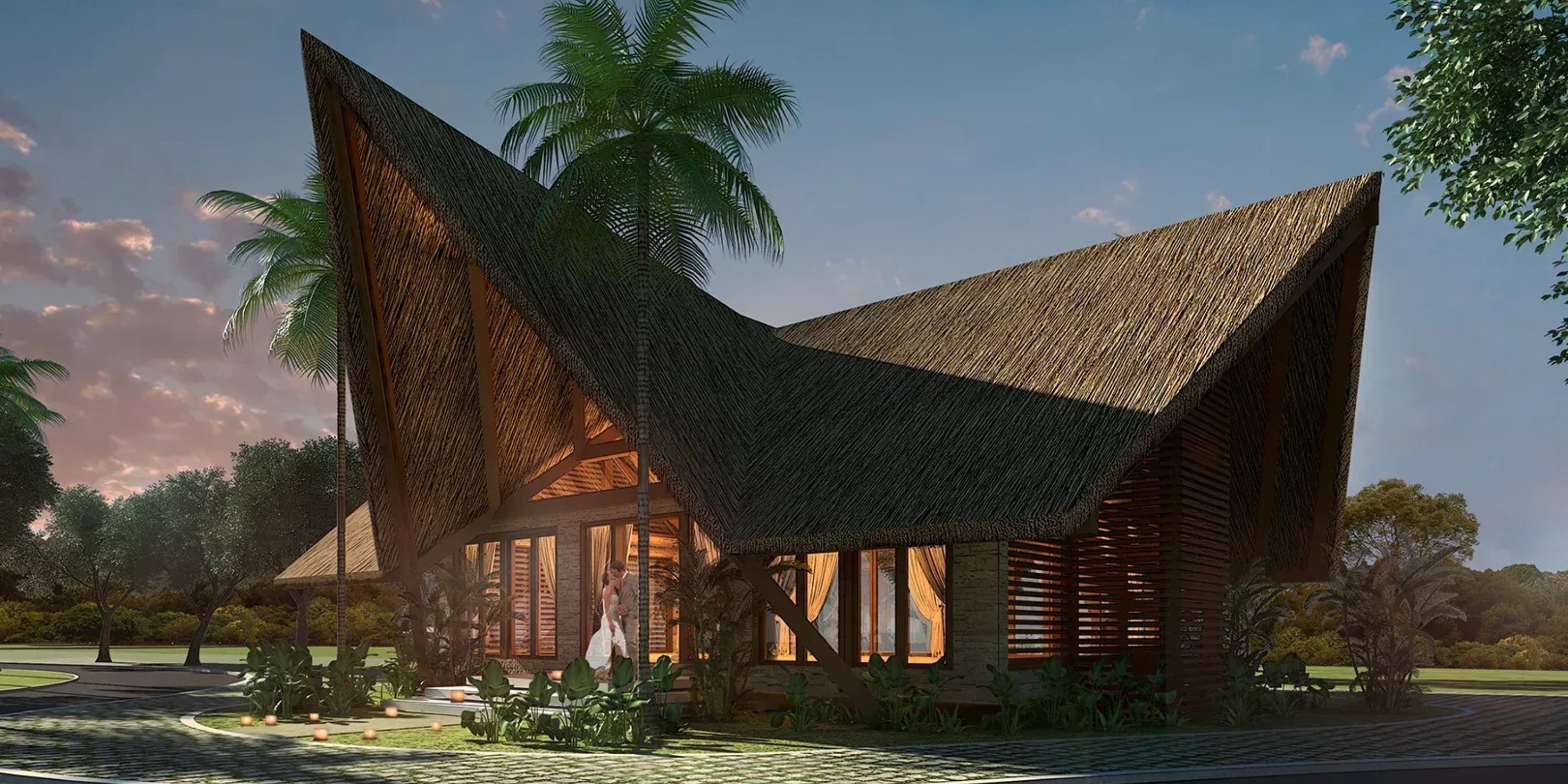 Moon Palace The Grand Punta Cana at sunset, perfect for a destination wedding under palms and thatched roof.