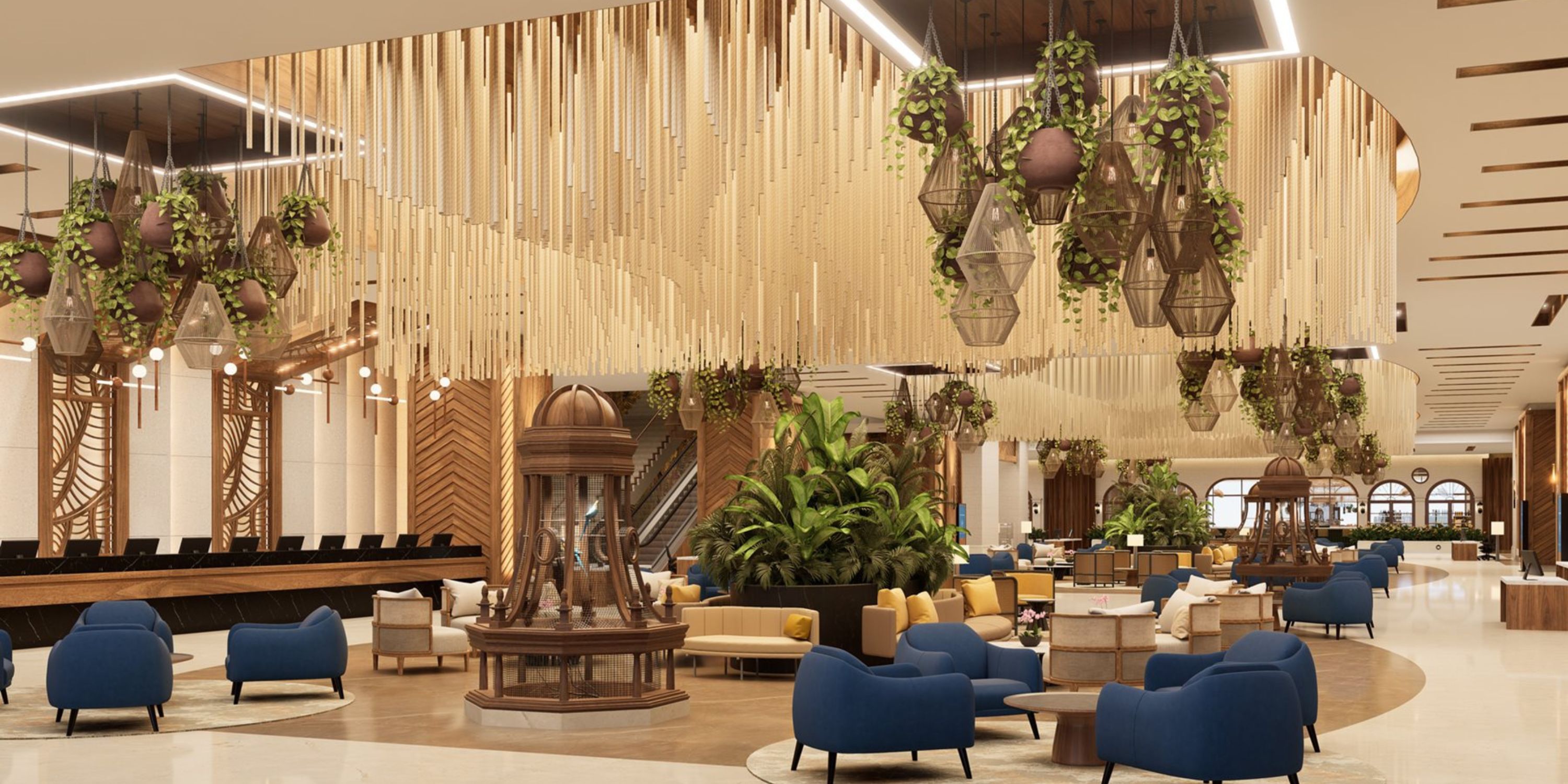 Elegant lobby at Moon Palace The Grand, perfect for a destination wedding, with blue-yellow seating and modern lighting.