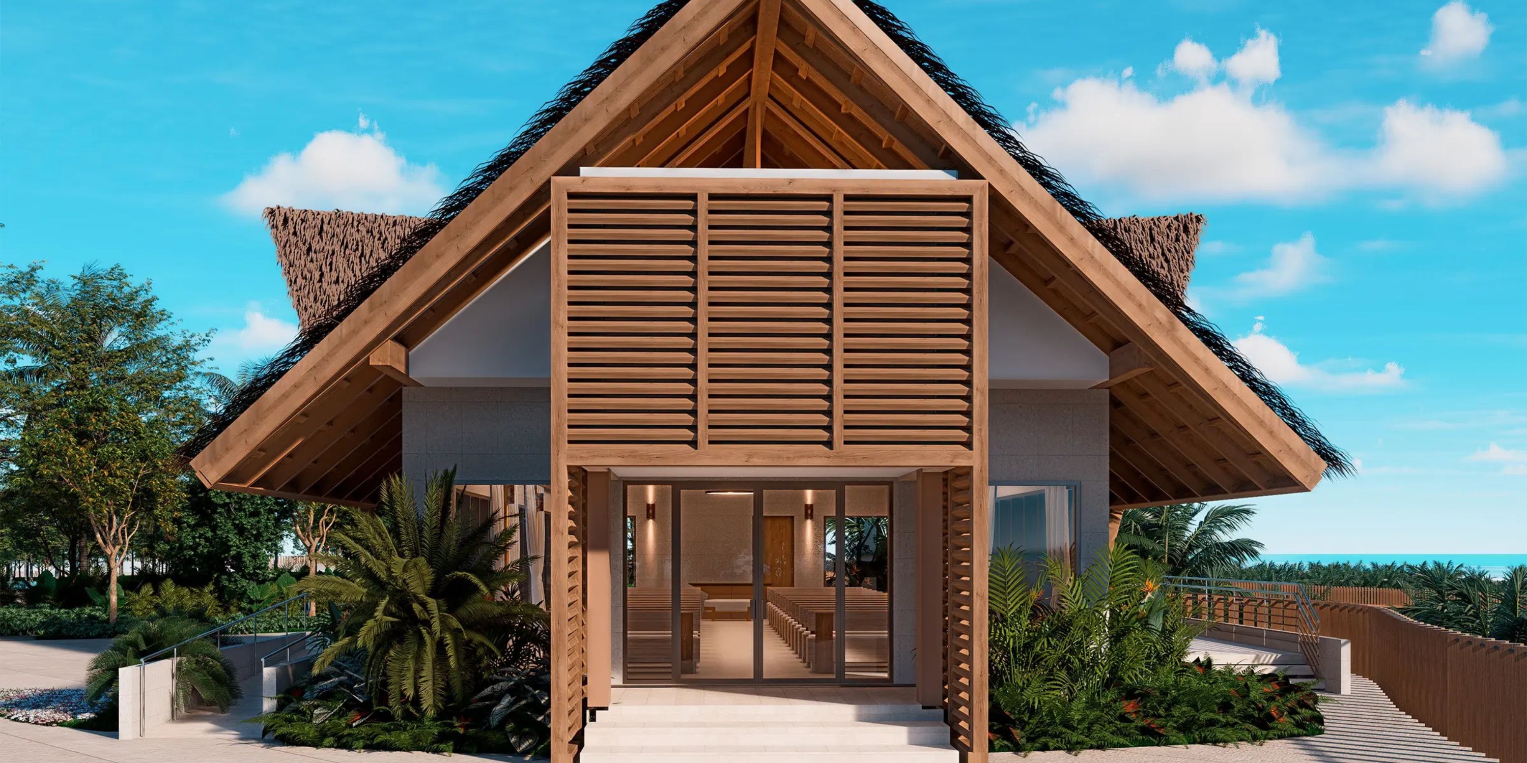 Moon Palace The Grand Punta Cana: tropical villa with peaked roof, lush plants&mdash;perfect for a destination wedding under blue skies.