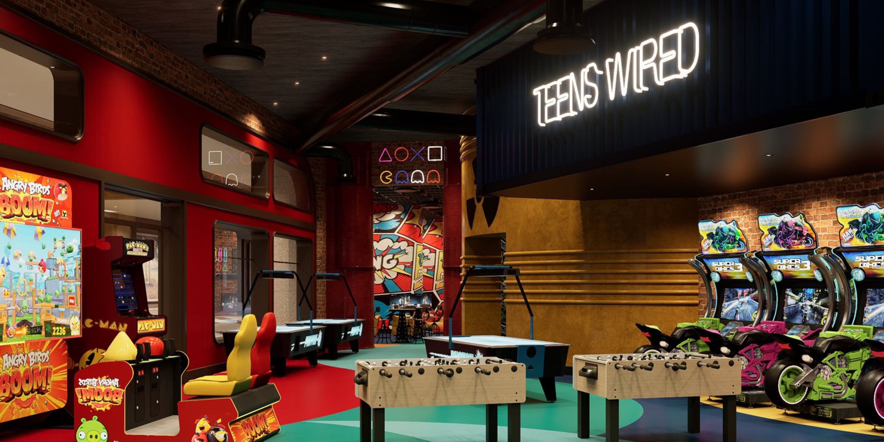 Moon Palace The Grand: arcade perfect for destination wedding guests, with racing games & vibrant neon art.