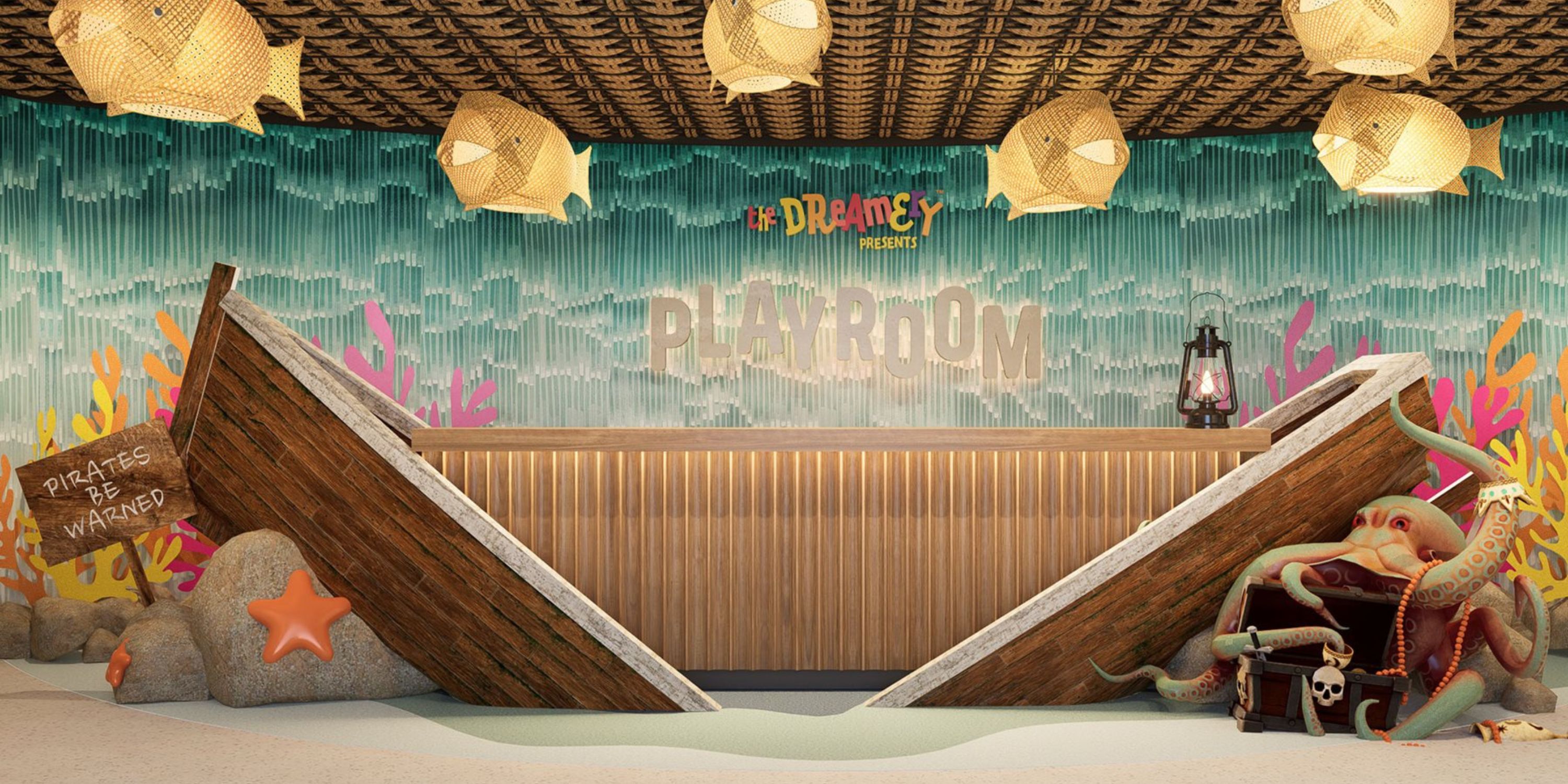 Moon Palace The Grand destination wedding venue with pirate-themed playroom, shipwreck, and lantern.