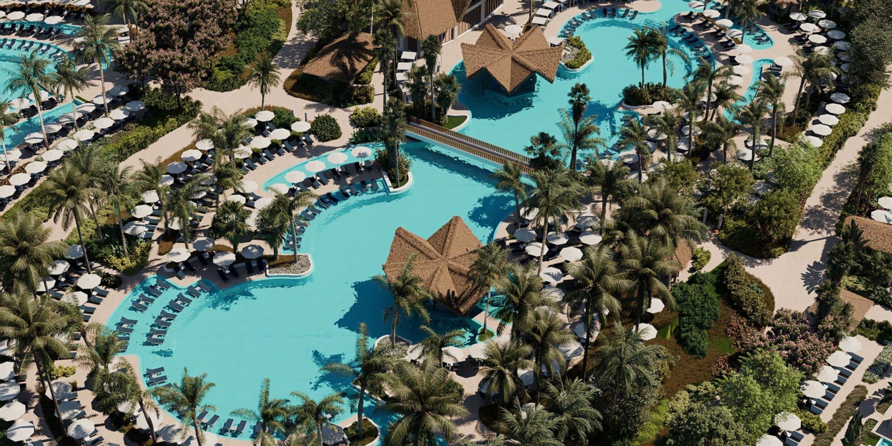 Aerial view of Moon Palace The Grand's pools and cabanas, perfect for a destination wedding setting.