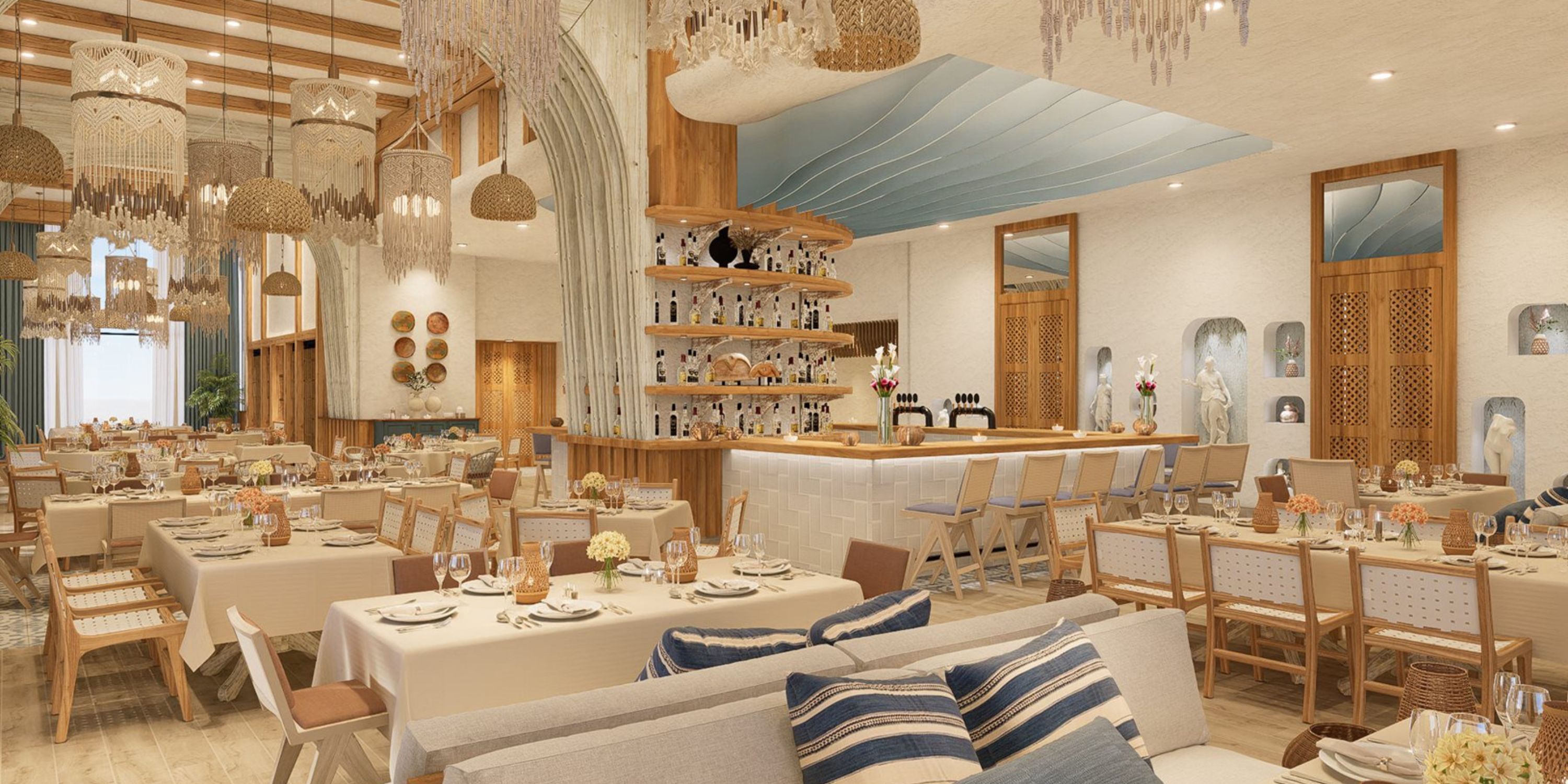 Moon Palace The Grand (Copy) offers a modern restaurant with wood accents, perfect for destination weddings.